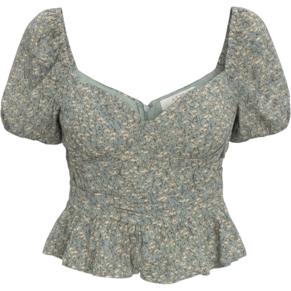 ASTR The Label Blouse Womens M Sage Green Floral Peplum Puff Sleeve Top